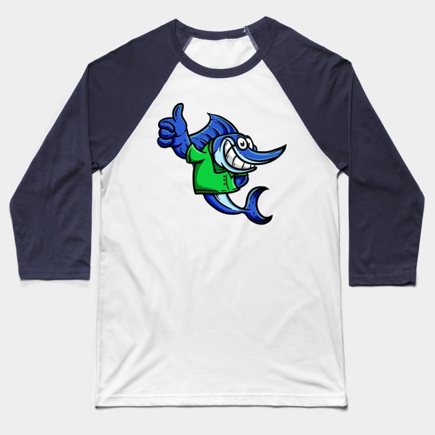 Cute Anthropomorphic Human-like Cartoon Character Swordfish in Clothes Baseball T-Shirt by Sticker Steve